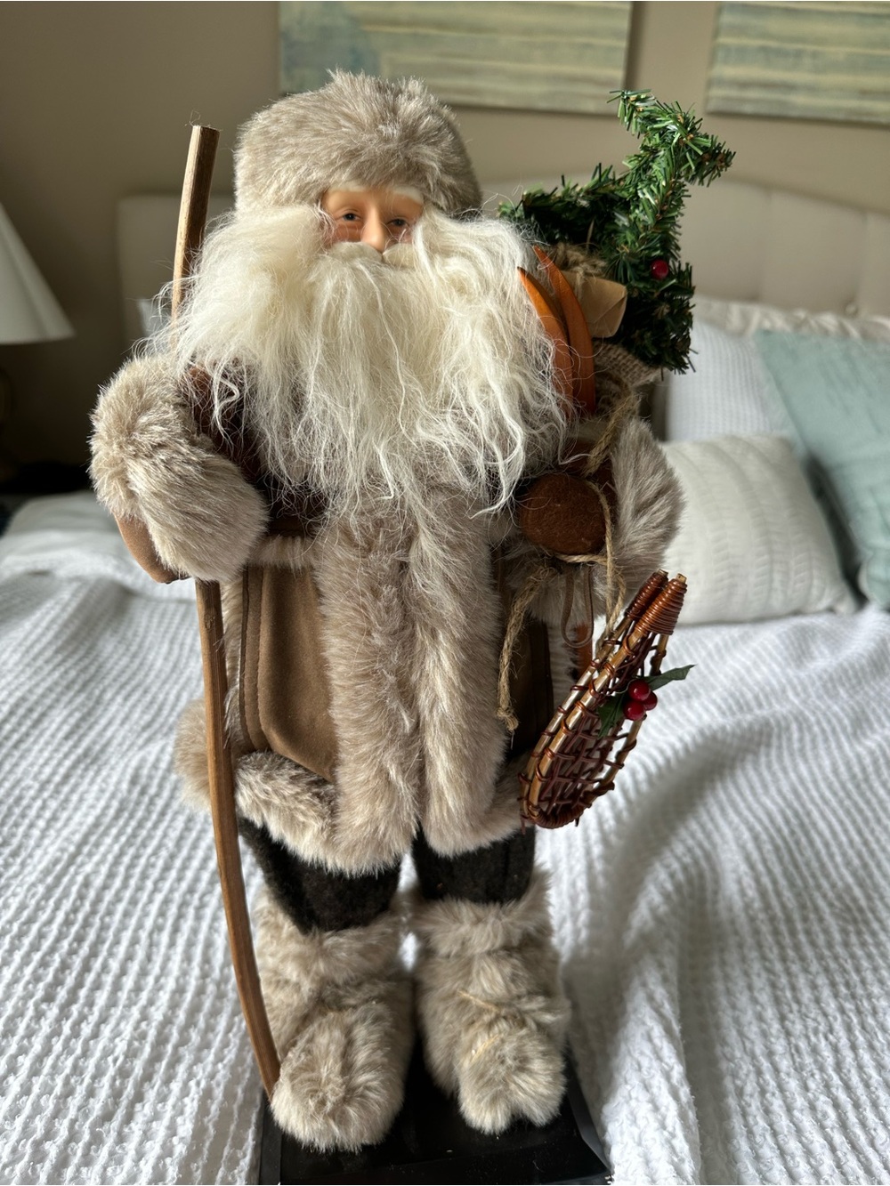 Rustic Woodland Santa Claus Figure Fur Christmas Decor Ski Lodge Holiday Display